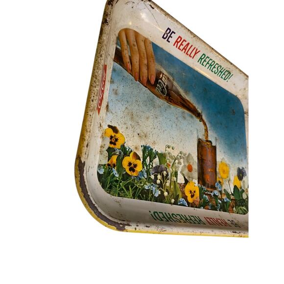 Vintage 1961 Coca Cola "Be Really Refreshed" Pansy Flower Metal Serving Tray - Picture 3 of 7